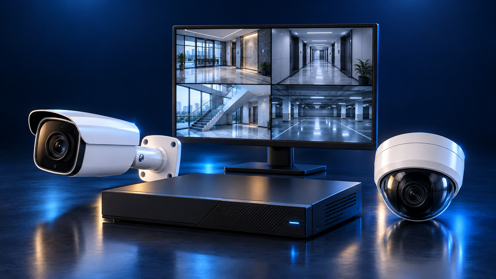 AI-generated CCTV camera and recording setup for an office entrance