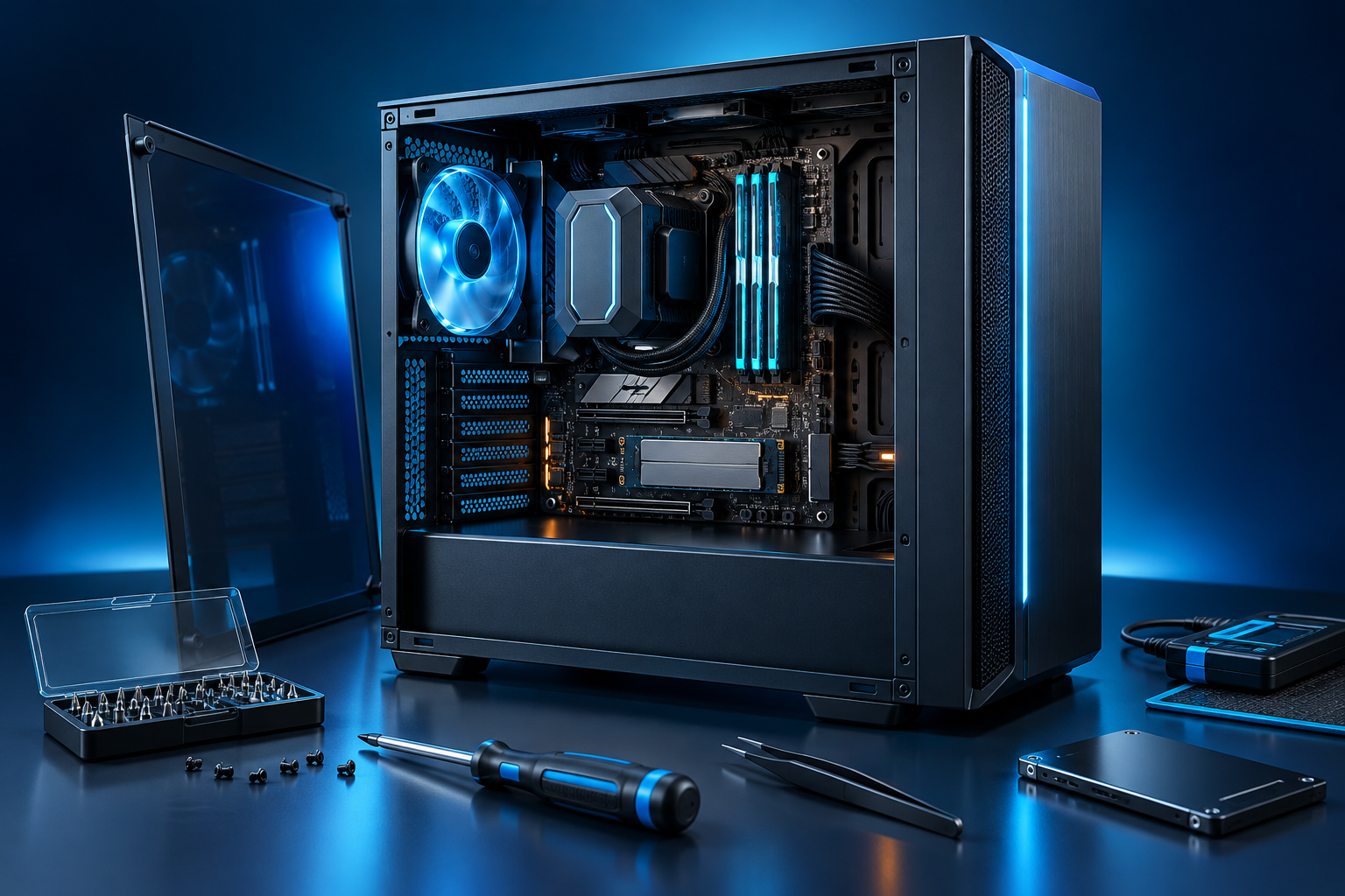 3D computer repair illustration with desktop and tools