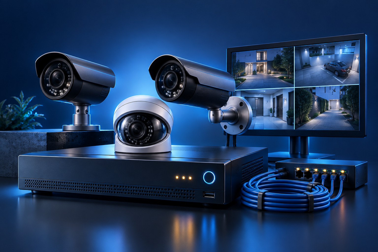 3D CCTV installation illustration with cameras and recorder