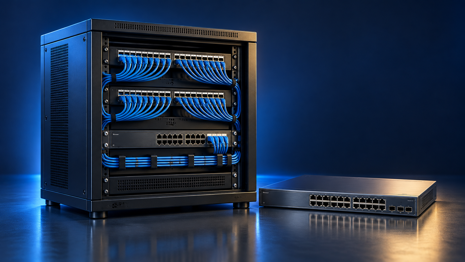 AI-generated network infrastructure with organised blue and yellow patch cables
