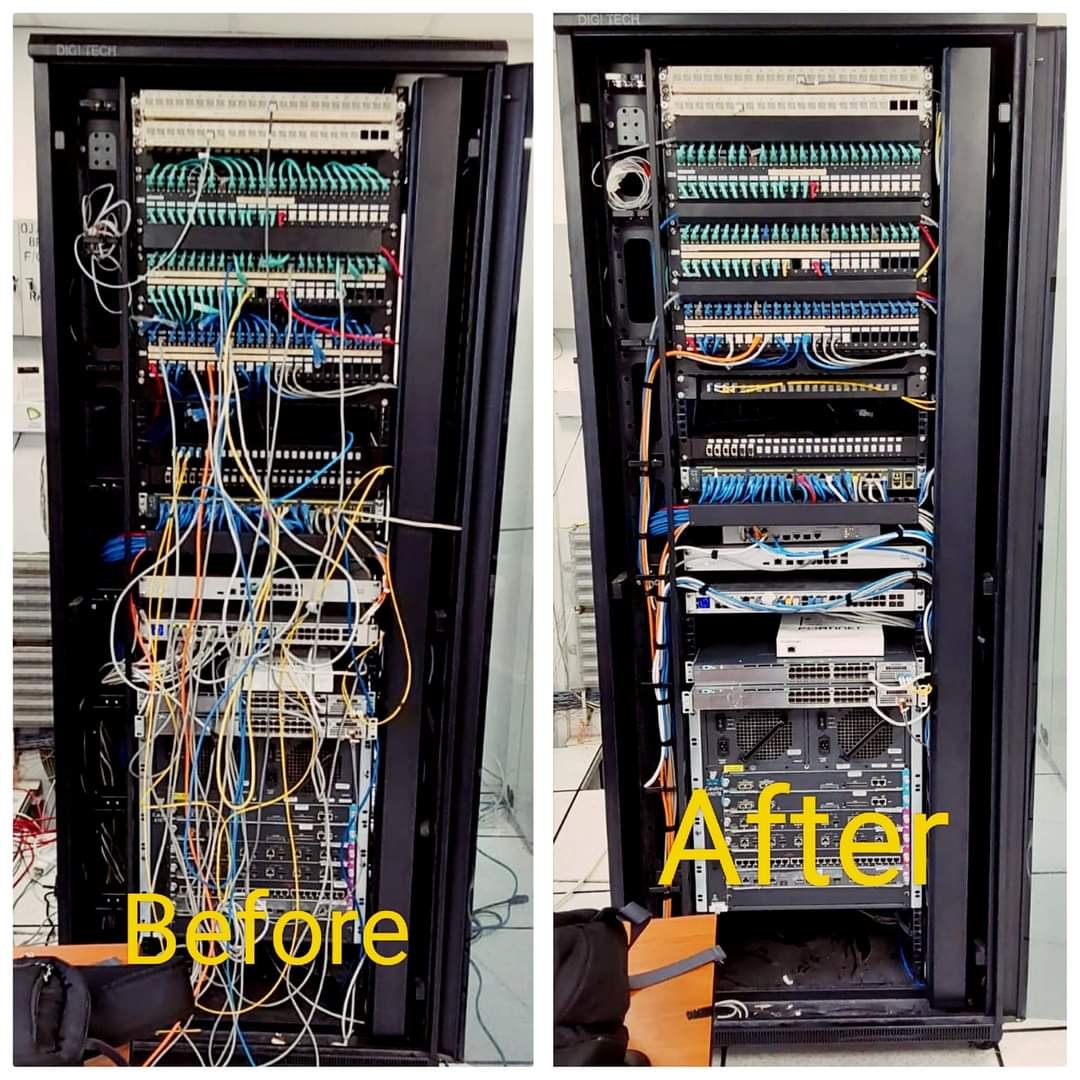 Side-by-side before and after photographs of a network rack cleanup