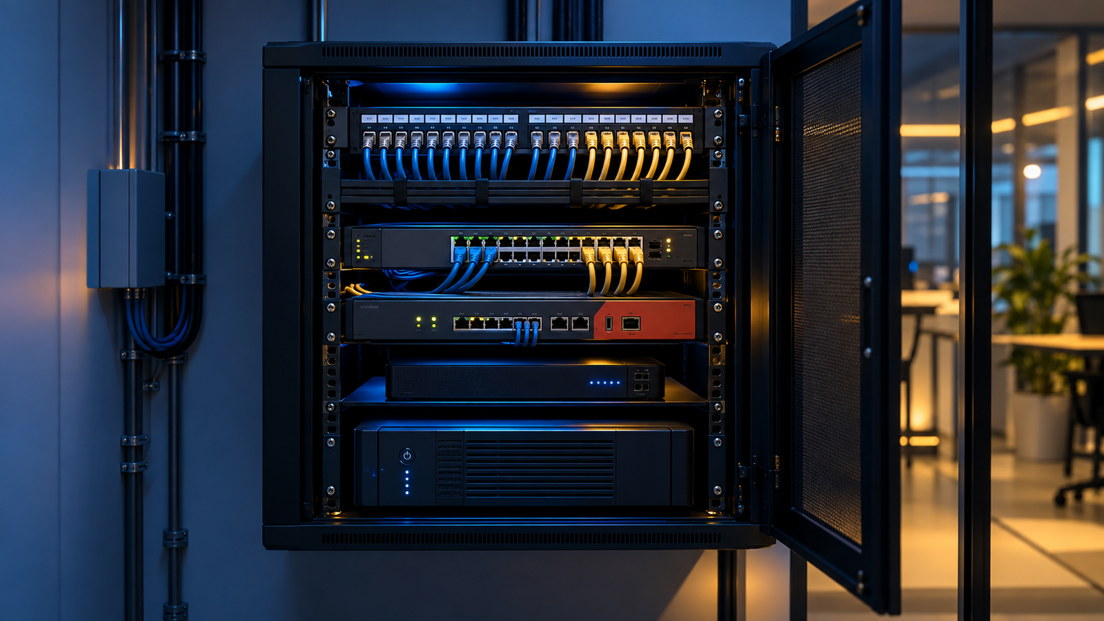Organised office network rack with labelled patch panel, network switches, firewall and UPS