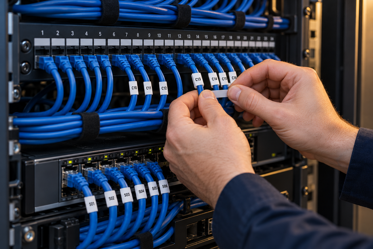 Technician labelling blue Ethernet patch cables in an organised network rack