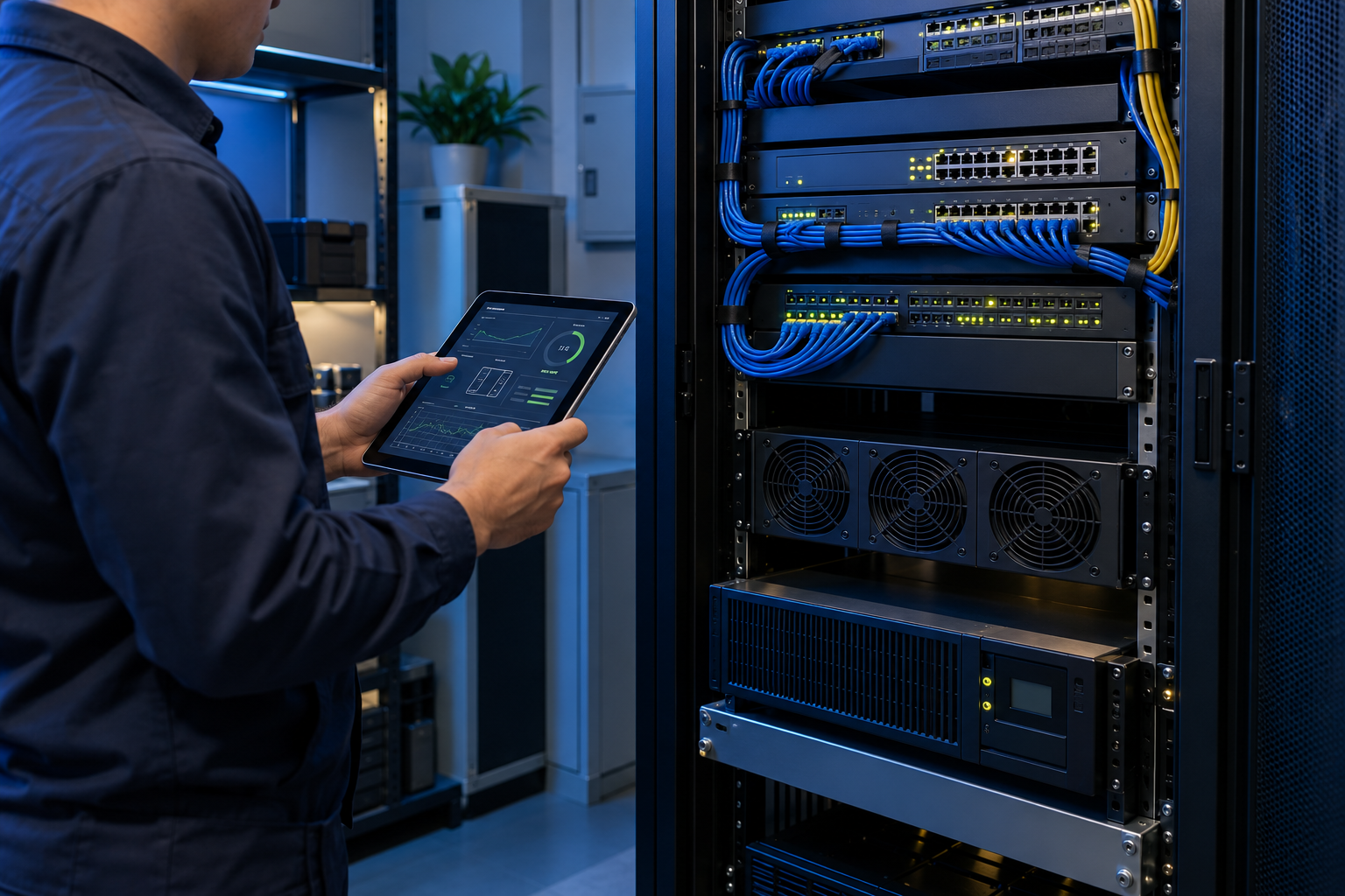 Technician inspecting network switches, rack airflow and UPS status during preventive maintenance